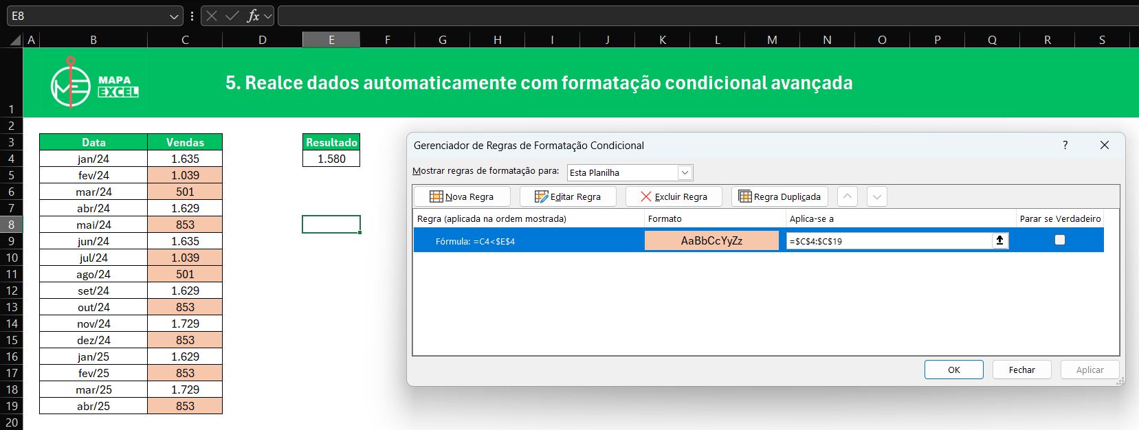 aplicando formatação condicional a uma sequência de vendas