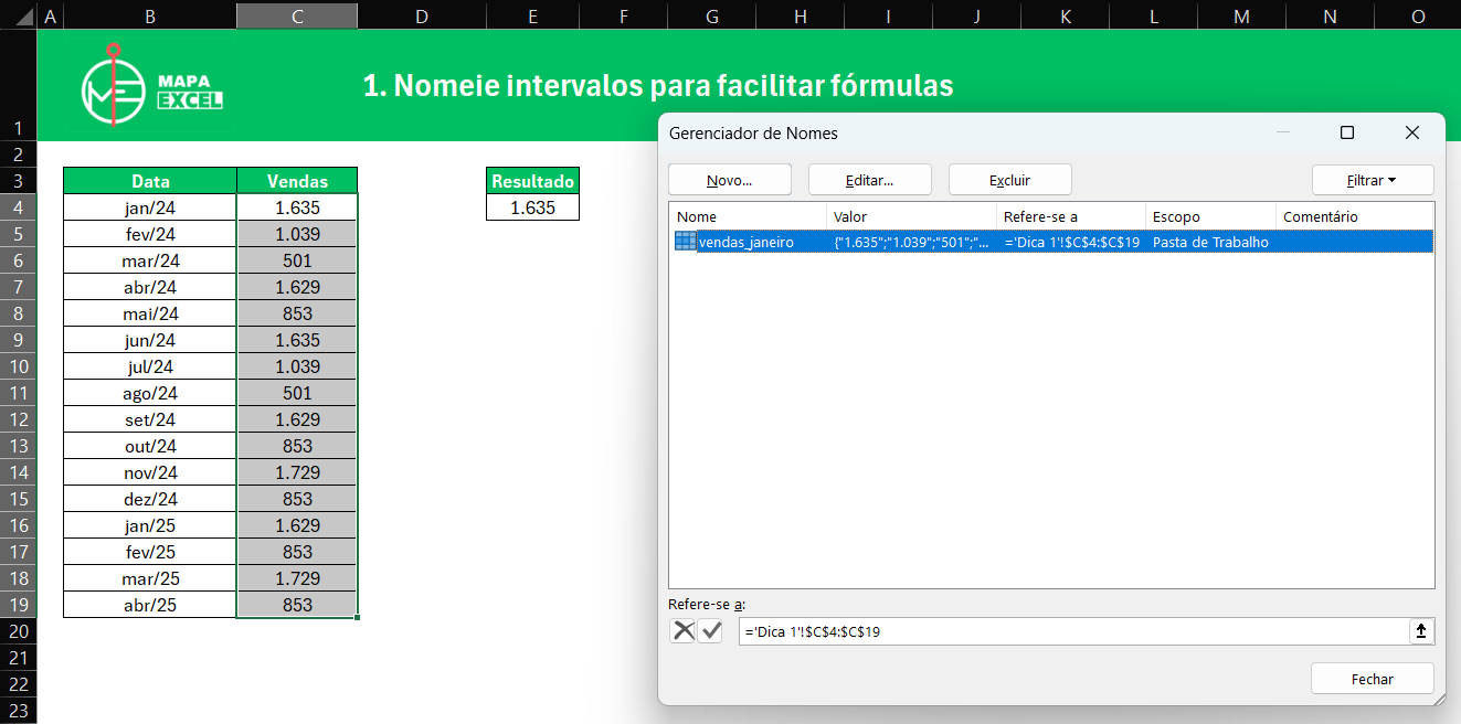 nomeando intervalo de dados