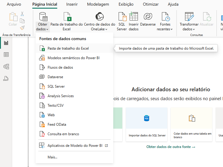 opções para obter dados no power bi